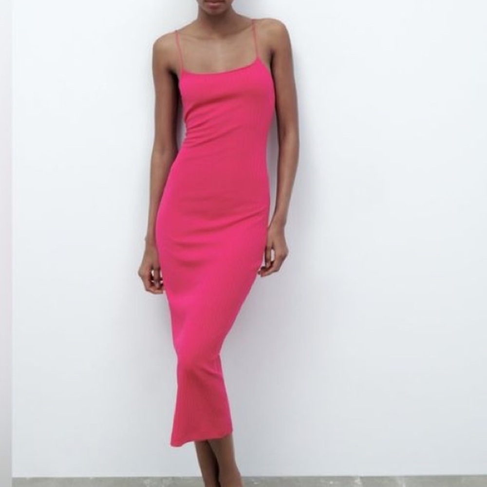 ZARA hot pink midi ribbed dress